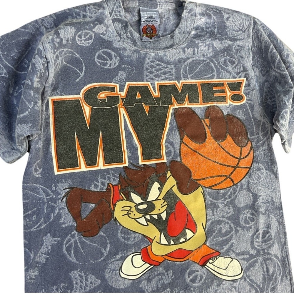 Looney Tunes 90's Taz Basketball T-Shirt Youth Large Blue All Over vintage